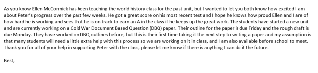 Image 1.2 Mentor teacher's email to parent to update student progress.